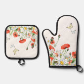 ケシ類、山花、蝶のフローラ 鍋つかみ&鍋敷きセット (正面)