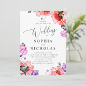 ケシ。水彩赤フローラ結婚+ QRコード 招待状 (スタンド正面)