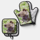 ケスホンド絵を描の子犬の庭のオリジナルアート 鍋つかみ&鍋敷きセット (正面/裏面)