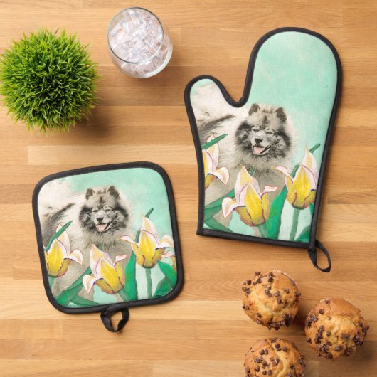 ケスホンド絵を描インチューリップかわいいオリジナルドッグアート 鍋つかみ&鍋敷きセット (トップダウン)
