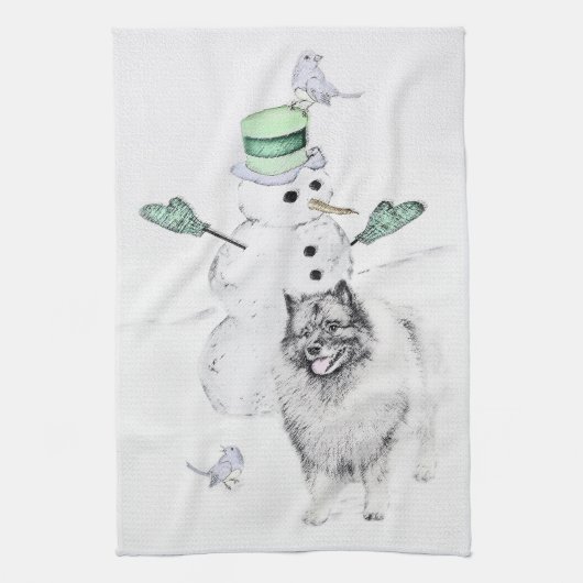 ケスホンド雪だるま絵画ズ・ドッグアート キッチンタオル (縦)