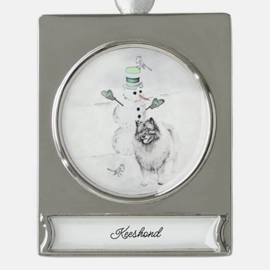 ケスホンド雪だるま絵画ズ・ドッグアート シルバープレートバナーオーナメント (正面)