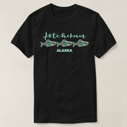 ケチカンアラスカ先住民アートサーモン魚釣り首都 Tシャツ (デザイン正面)
