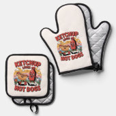 ケチャップおもしろいとホットドッグ漫画レトロフードアート 鍋つかみ&鍋敷きセット (正面/裏面)
