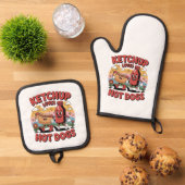 ケチャップおもしろいとホットドッグ漫画レトロフードアート 鍋つかみ&鍋敷きセット (トップダウン)