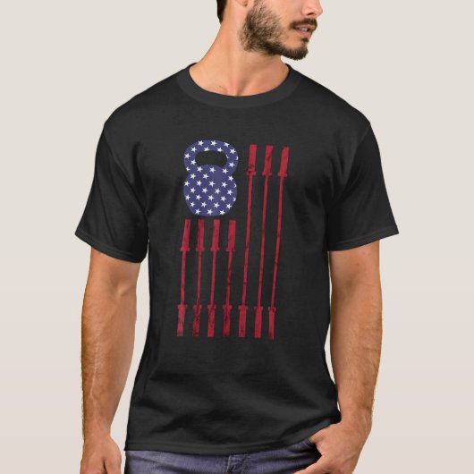 ケットルおもしろいベルジムトレーニングアメリカ国旗USA 4日 Tシャツ (正面)