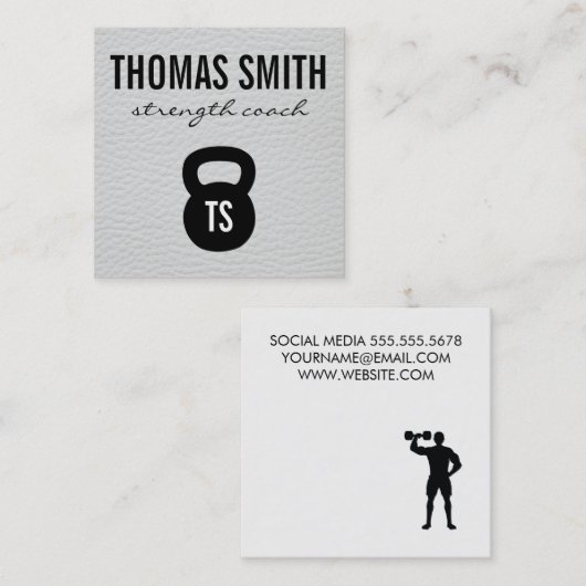 ケトルベルパーソナルトレーナーホワイトレザー スクエア名刺 (正面/裏面)