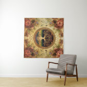 ケドキによる生活の木バラ金ゴールド刺繍 タペストリー (インサイチュ(横))