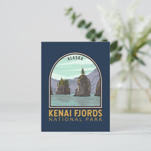 ケナイフィヨルド国立公園ヴィンテージエンブレム ポストカード (スタンド正面)