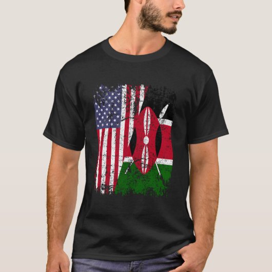 ケニアのルーツ ハーフアメリカ国旗 ケニア Tシャツ (正面)