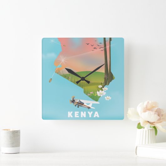 ケニアの地図イラストレーション旅行ポスター。 スクエア壁時計 (ホーム)
