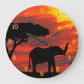 ケニアサファリエレファントワイルドライフサンセットウォーターカラー ラージ壁時計 (正面)