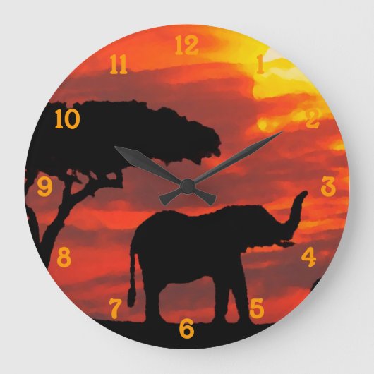 ケニアサファリエレファントワイルドライフサンセットウォーターカラー ラージ壁時計 (正面)
