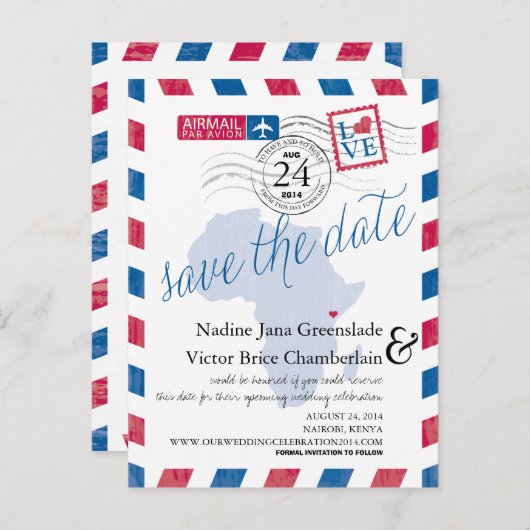 ケニア南アフリカ航空便の結婚式の日付を保存 案内ポストカード (正面/裏面)