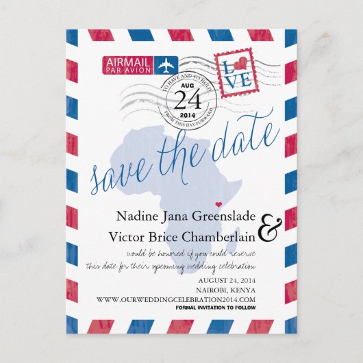 ケニア南アフリカ航空便の結婚式の日付を保存 案内ポストカード (正面)