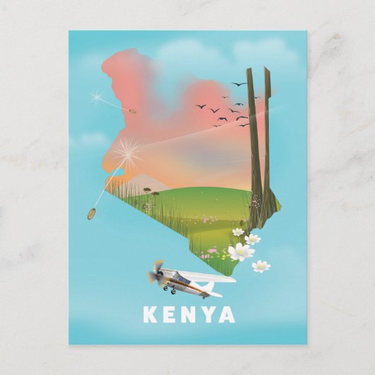 ケニア地図イラスト旅行ポスター ポストカード (正面)