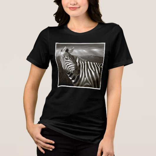 ケニア シマウマと草原のモノクロ トライブレンドTシャツ (正面)