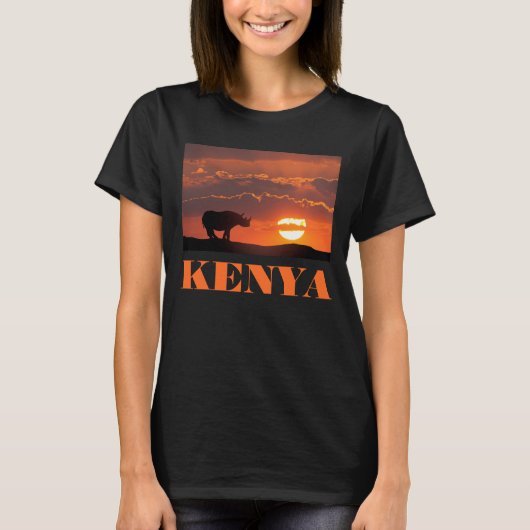 ケニア・マサイマラの日の入りとサイ Tシャツ (正面)
