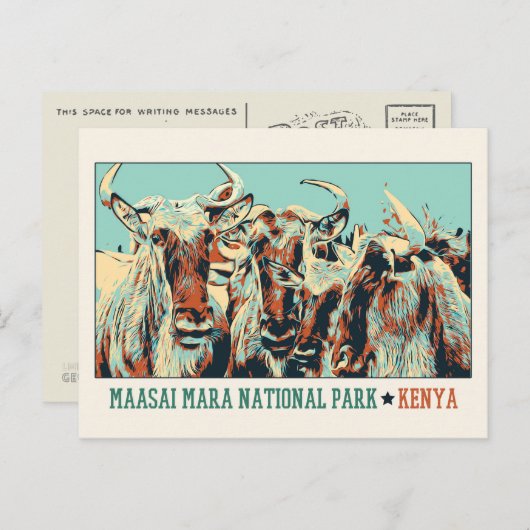 ケニア・マサイ・マラ国立公園のGnus ポストカード (正面/裏面)