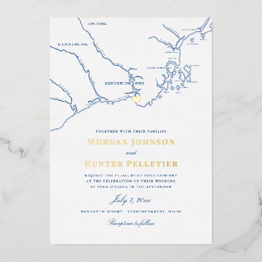 ケネバンクポ結婚ートメエレガントイン海軍と金ゴールド 箔招待状 (正面)