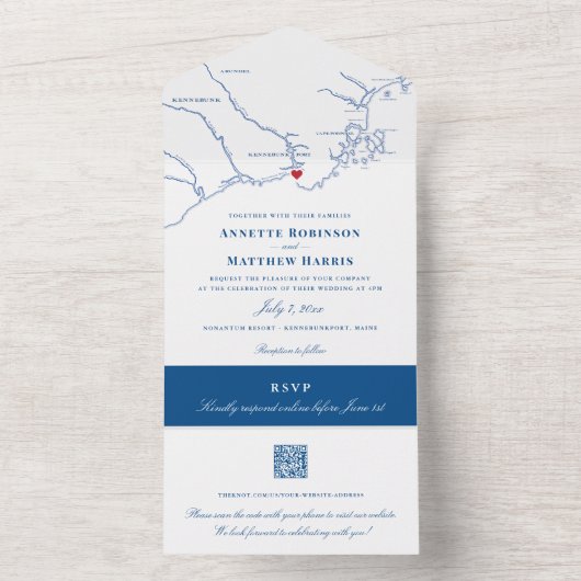 ケネブンクポート メイン州 マップ エレガント ネイビー ウェディング オールインワン招待状 (内側)