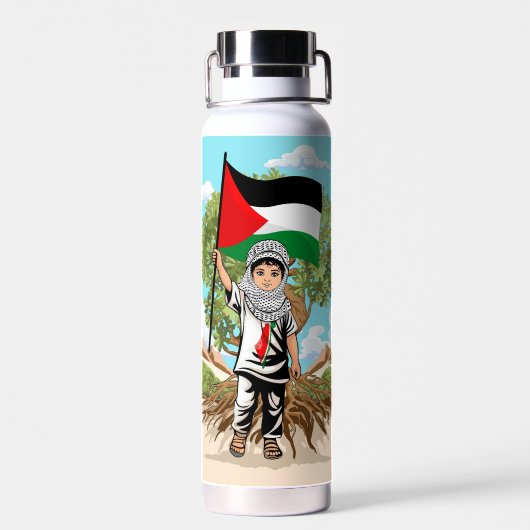 ケフィエ・パレスチナ国旗とオリーブの木を持つ子供 ウォーターボトル (背面)