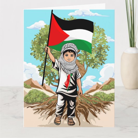 ケフィエ・パレスチナ国旗とオリーブの木を持つ子供 カード (正面)