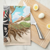 ケフィエ・パレスチナ国旗とオリーブの木を持つ子供 キッチンタオル (四つ折り)