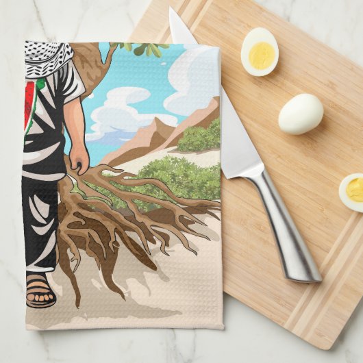 ケフィエ・パレスチナ国旗とオリーブの木を持つ子供 キッチンタオル (四つ折り)