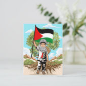 ケフィエ・パレスチナ国旗とオリーブの木を持つ子供 シーズンポストカード (スタンド正面)