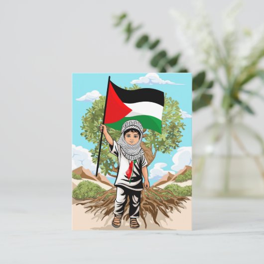 ケフィエ・パレスチナ国旗とオリーブの木を持つ子供 シーズンポストカード (スタンド正面)