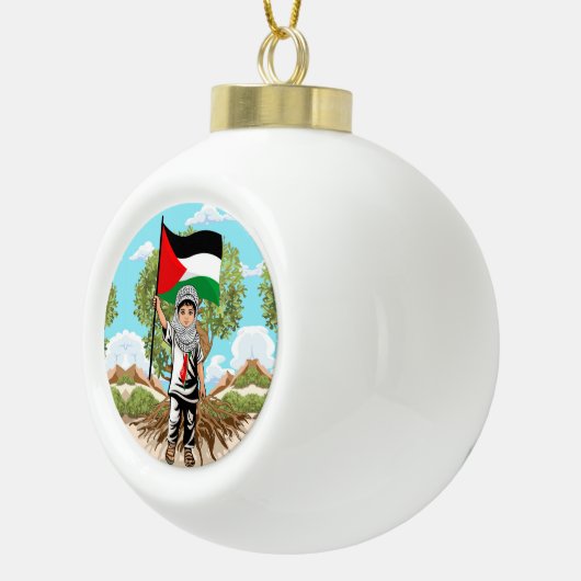 ケフィエ・パレスチナ国旗とオリーブの木を持つ子供 セラミックボールオーナメント (右)