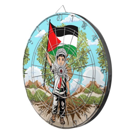 ケフィエ・パレスチナ国旗とオリーブの木を持つ子供 ダーツボード (正面右)