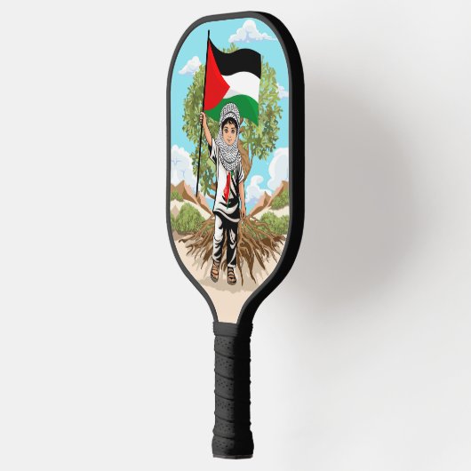 ケフィエ・パレスチナ国旗とオリーブの木を持つ子供 ピックルボールラケット (左)
