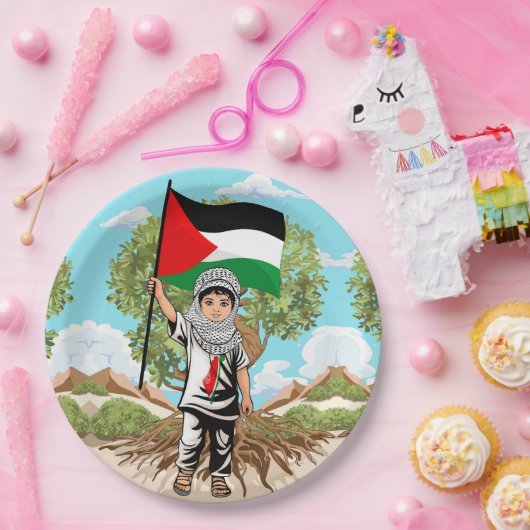 ケフィエ・パレスチナ国旗とオリーブの木を持つ子供 ペーパープレート (パーティー)