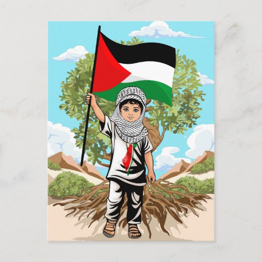 ケフィエ・パレスチナ国旗とオリーブの木を持つ子供 ポストカード (正面)