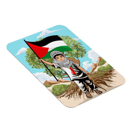 ケフィエ・パレスチナ国旗とオリーブの木を持つ子供 マグネット (右側)