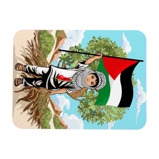 ケフィエ・パレスチナ国旗とオリーブの木を持つ子供 マグネット (横)