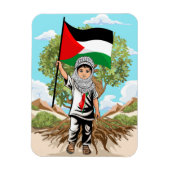 ケフィエ・パレスチナ国旗とオリーブの木を持つ子供 マグネット (縦)