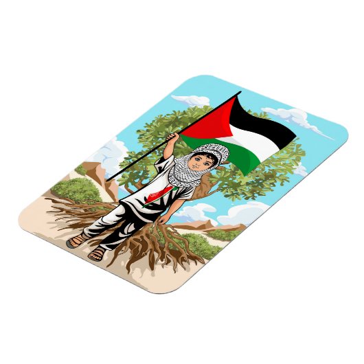 ケフィエ・パレスチナ国旗とオリーブの木を持つ子供 マグネット (左側)