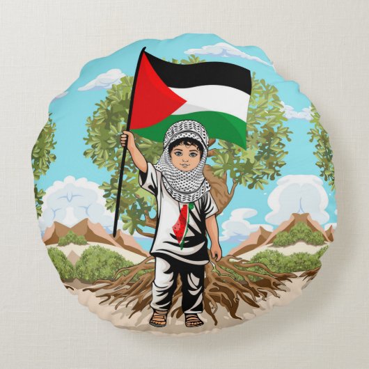 ケフィエ・パレスチナ国旗とオリーブの木を持つ子供 ラウンドクッション (裏面)