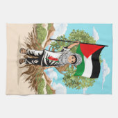 ケフィエ・パレスチナ国旗を持つ子ども キッチンタオル (横)