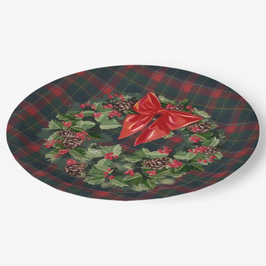 ケベック州タータンチェッククリスマスリース ペーパープレート (アングル)
