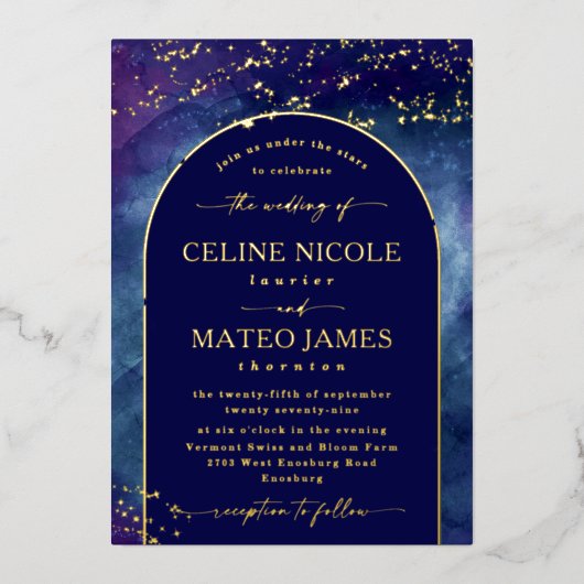 ケリン・エレガントナイトスカイ結婚ヤーの実在金ゴールド 箔招待状 (正面)