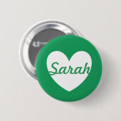 ケリーパーソナライズされたグリーンの白ハート 缶バッジ (正面&裏面)