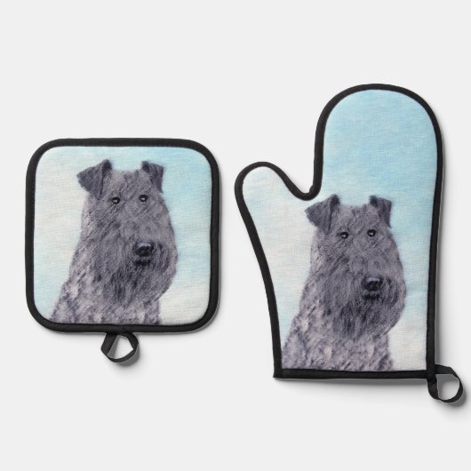 ケリーブルーテリア絵画ーのかわいいオリジナルドッグアート 鍋つかみ&鍋敷きセット (正面)