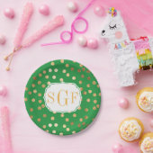 ケリーモノグラムのグリーンと金ゴールドグリッター点 ペーパープレート (パーティー)