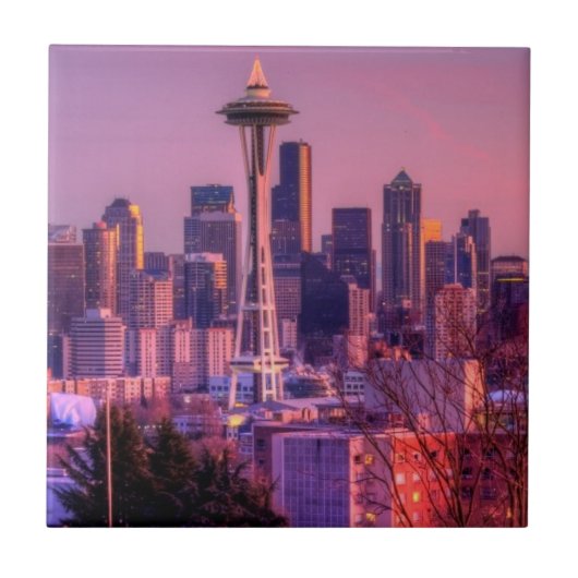 ケリー公園からのシアトルのスカイラインの後ろの日没 タイル (正面)