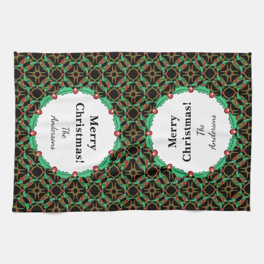 ケルトのクリスマスホリーリースパターパーソナライズされたン キッチンタオル (横)