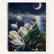 ケルトのスワン 月夜の湖 夜の幻想アート